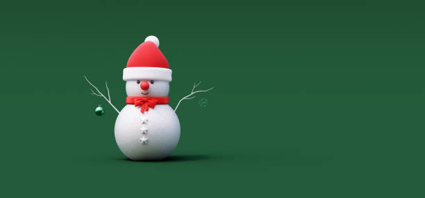istock Cute Snowman with red Santa's hat on green background. Holidays concept with copy space 3d render 1750137149