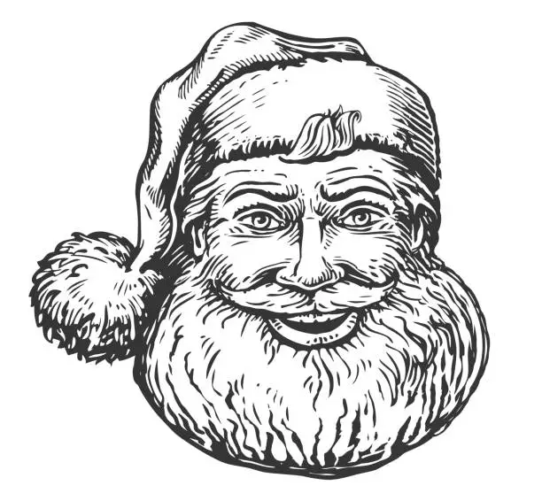 Vector illustration of Smiling cute Santa Claus in hat hand drawn in sketchy style. Christmas symbol vintage vector illustration