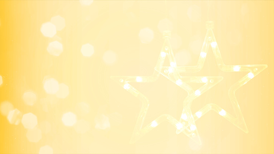 Horizontal illustration of a creative light pastel yellow beige color Xmas lights bokeh shimmery backgrounds with pair of hanging shining pentagram stars. It is textured and has a color gradient. There is no people and ample copy space. Apt for celebrations backdrops, wallpapers, templates for greeting cards, banners or posters or gift wrapping paper sheets.