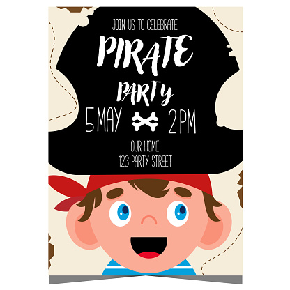 Pirate party invitation card for kids birthday celebration. Children's birthday poster or banner design template with cartoon character boy wearing pirate hat and inviting to sea adventure.