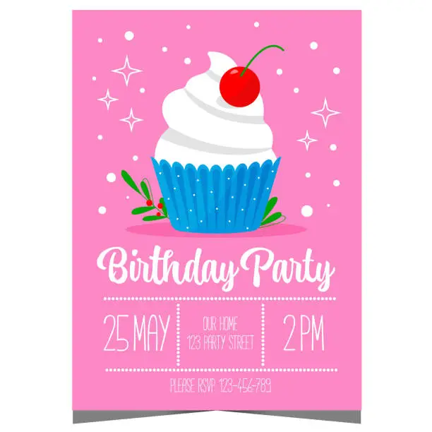 Vector illustration of Kids birthday party invitation card with cream cupcake and cherry on a pink background.