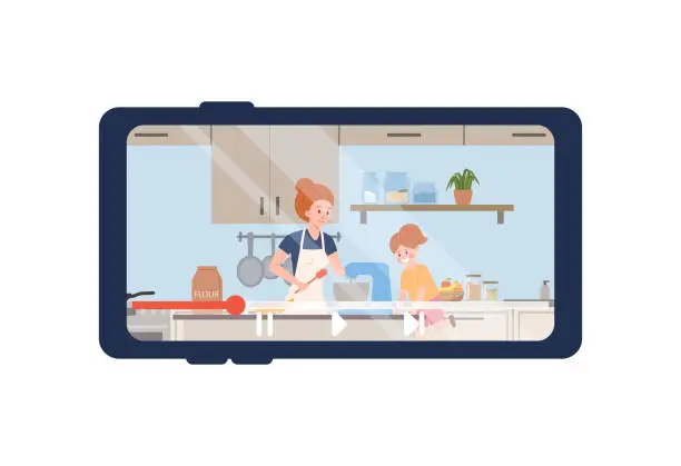 Vector illustration of Video broadcast of lesson for cooking with children, flat vector isolated.