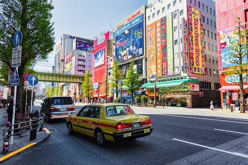 Tokyo, Japan - April 09, 2023: cityscape with colorful high rises at Akihabara in Tokyo.The nickname of this area is Electric Town, renowned as an Anime and Manga shopping district