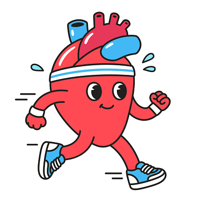 Cute cartoon heart character in sweatband and running shoes jogging and sweating. Healthy heart exercising, simple retro comic style vector illustration.