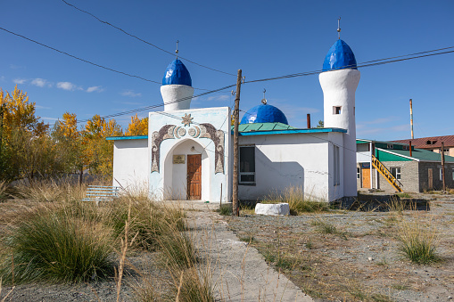 16th September 2023: Mosque in the small Altai Mountain town of Sagsai, located in the Bayan-Ulgii province of Western Mongolia.  The religious building is used by Muslim Kazakhs who live in the area.