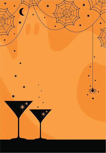Vector illustration of Halloween Party Cocktail Glasses & Spiders Web Design