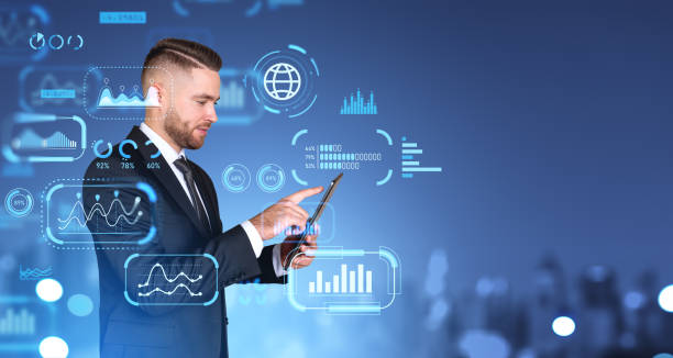 istock Businessman finger touch smartphone, business data dashboard hologram icons 1750176421