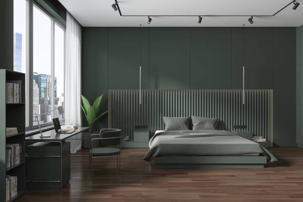 istock Green home bedroom interior with sleep and work zone, panoramic window 1750179259