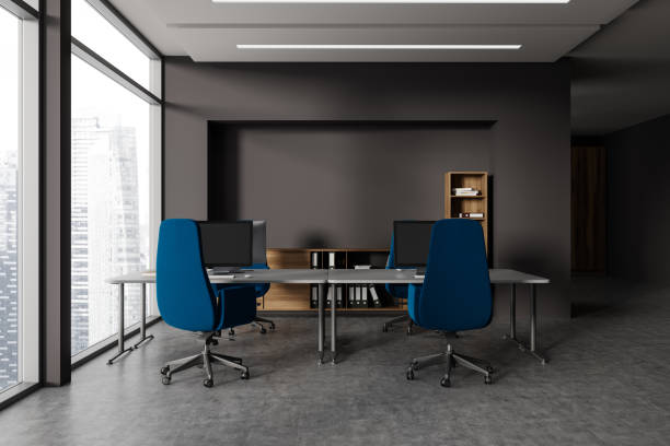 istock Brown office coworking interior with table and pc desktop, panoramic window 1750201757