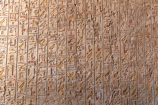 Close up view of ancient egypt hieroglyphics carved on a stone wall. History concept.