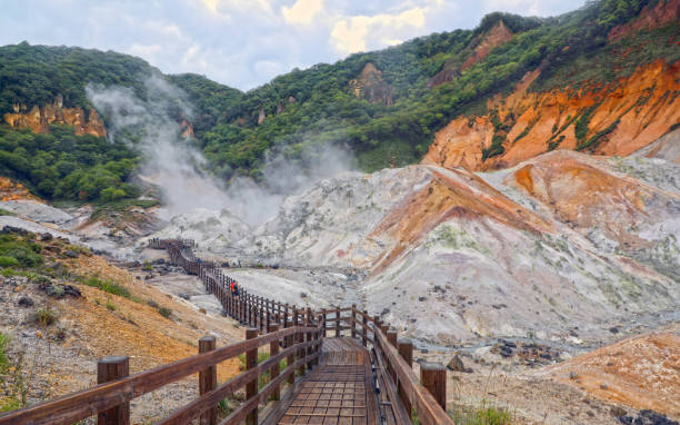 Jigokudani (Hell Valley) in Noboribetsu, Hokkaido Noboribetsu, Hokkaido, Japan - September 19, 2023: Jigokudani 
 or "Hell Valley" is a spectacular, appropriately named valley just above the town of Noboribetsu Onsen, which displays hot steam vents, sulfurous streams and other volcanic activity. It is a main source of Noboribetsu's hot spring waters. revised stock pictures, royalty-free photos & images