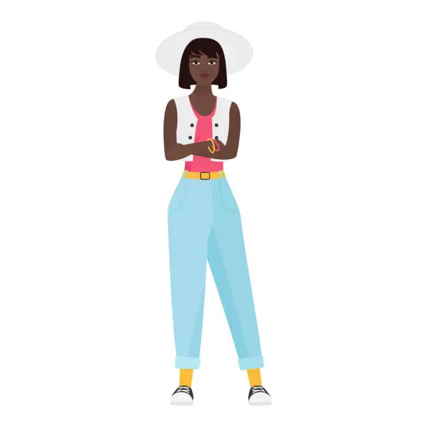 Vector illustration of Hipster black girl with crossed arms