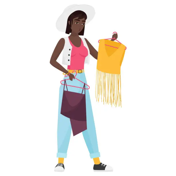 Vector illustration of Hipster black girl choosing outfit