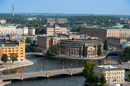 Stockholm, Sweden - September 10, 2023: Beautiful aerial view of the Swedish Parliament House building and the Royal Palace in Stockholm Sweden September 10, 2023.