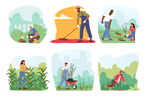 Set of Characters Immersed In Gardening, Hands In Soil, Nurturing and Harvesting Plants, Radiate Joy Amidst Nature. People Creating Serene Oasis Of Growth And Tranquility. Cartoon Vector Illustration
