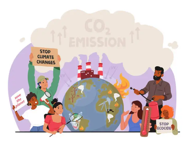 Vector illustration of Characters Protesting Against Climate Change Due To Burning Fossil Fuels And Deforestation, Vector Illustration