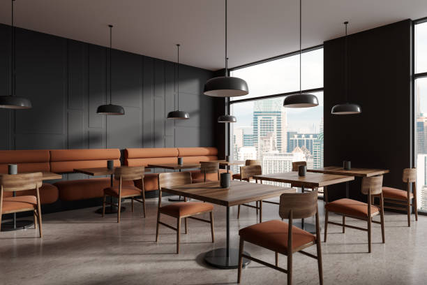 istock Grey restaurant interior with chairs and table in row, eating corner with window 1750216894