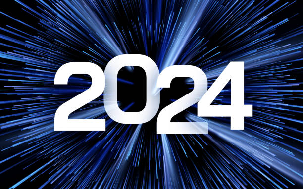 istock New Year 2024 background with white paper numbers on blue background made of firework particles. Through universe concept. 1750217448