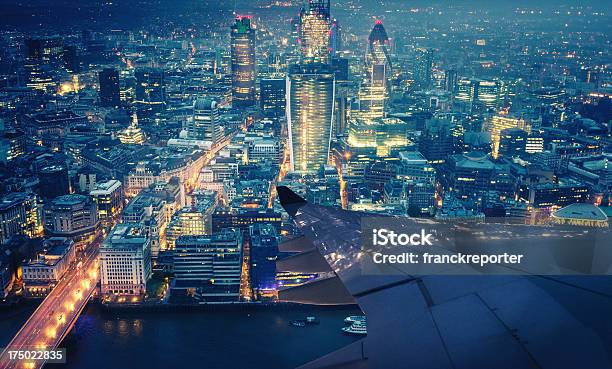 Airplane Wing Over London Stock Photo - Download Image Now - Aerial View, Night, UK