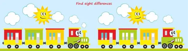 Vector illustration of Find eight differences, game, leisure activity, locomotive with three wagons and sun, vector illustration, eps.