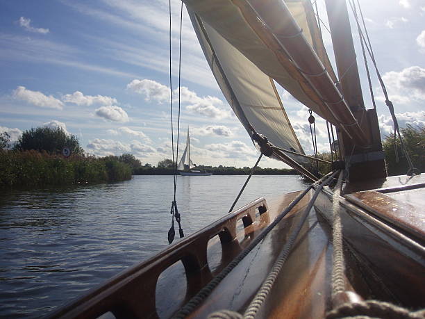 sailing traditional wooden sailing boat on the Norfolk Broads