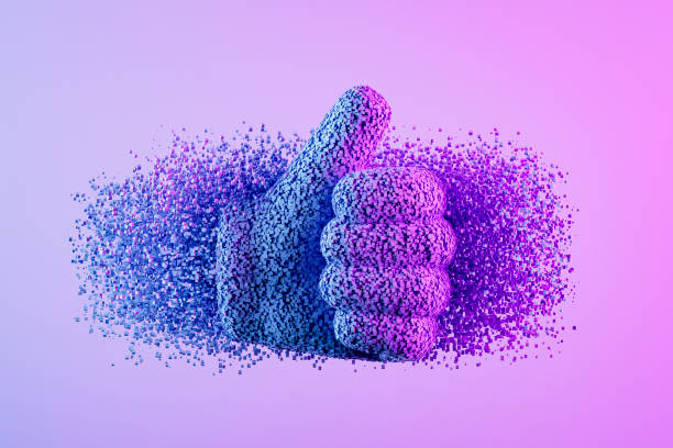 istock Thumbs up icon with particles on neon background 1750249593