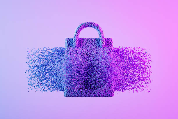 Paper shopping bag with particles on neon background