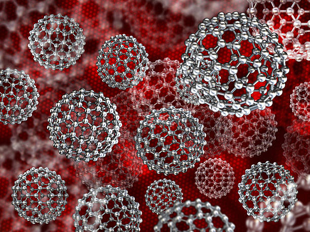 Nanotechnology background Abstract nanotechnology background with 3D silver molecule models. On red background. nanoparticle stock pictures, royalty-free photos & images