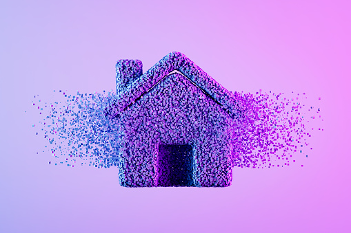 House with particles on neon background. Digitally generated image.