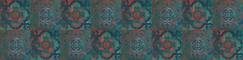 Old red green rusty vintage retro worn shabby patchwork arabesque motif tiles stone concrete cement wall texture background banner, seamless pattern