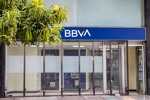 Bogota, Colombia - October 19th 2023. Facade of the BBVA bank in Bogota. Finances concept