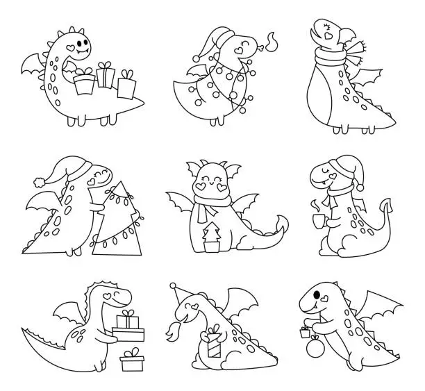 Vector illustration of Happy funny dragon. Happy New Year. Coloring Page. Cute character. Fairytale monsters. Hand drawn style. Vector drawing. Collection of design elements.