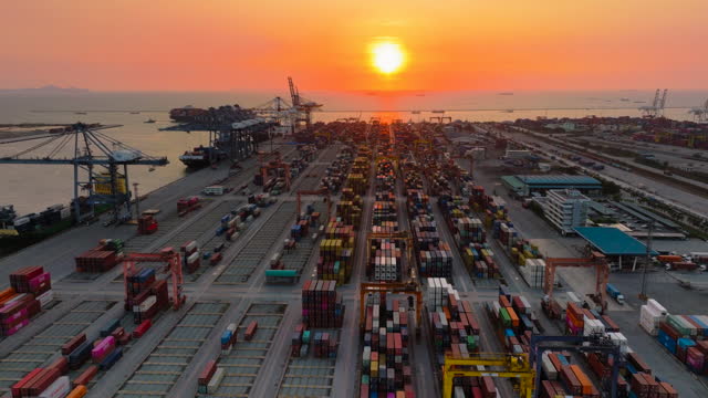 Export / Import Container port at sunset