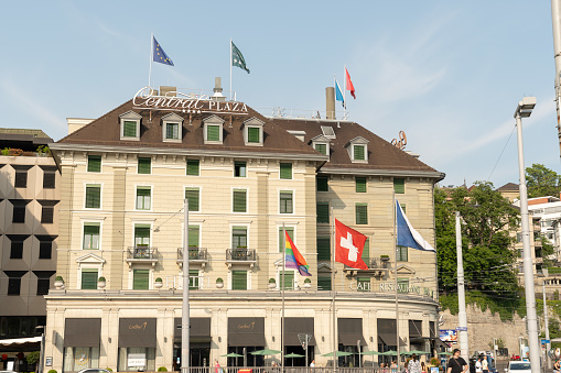 Zurich, Switzerland, June 17, 2023 Rainbow flag is waving in the city center