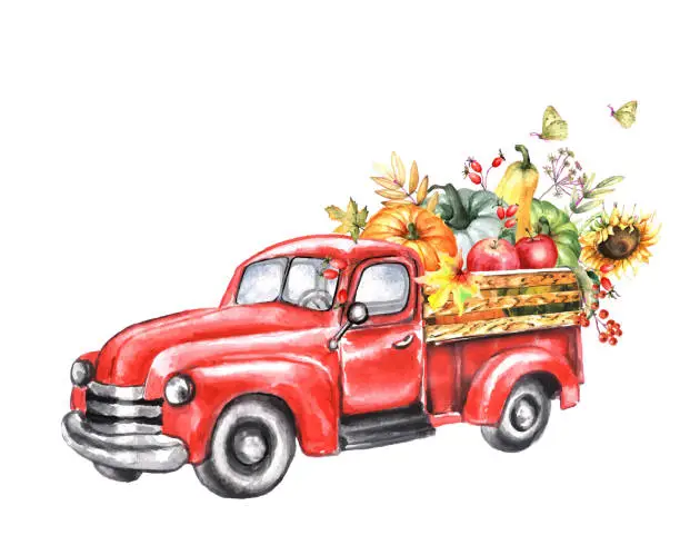 Vector illustration of Watercolor illustration of a red truck with a harvest of pumpkins
