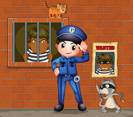 policeman in front of a jail with two cats