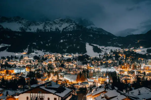 winter landscape over Cortina city in Dolomites, Italy