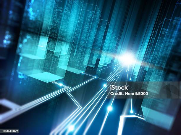 Data Storage Concept In Blue Virtual Corridor Stock Photo - Download Image Now - Exchanging, Data, Technology