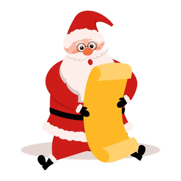 Vector illustration of Santa Claus keeps a long wish list of gifts. Vector illustration.