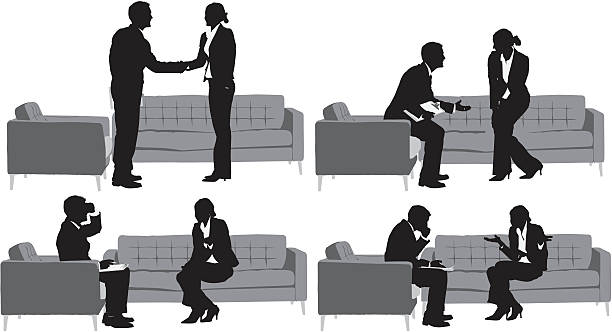 силуэт бизнес пара, имеющих обсуждения - businessman two people business person handshake stock illustrations