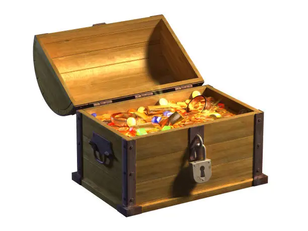 Open treasure chest showing its coins, gold and precious stones content. Digital illustration, 3D render.