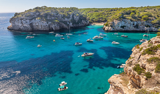 View of Bay Cala Macarellata at south coast of Menorca (Balearic Islands) from Mirador Macarellata