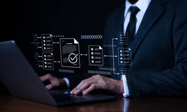 istock Businessman using laptop computer doing online checklist survey, fill out digital form checklist, Document management checking System, online documentation database and process manage files. Checkmark 1750330987