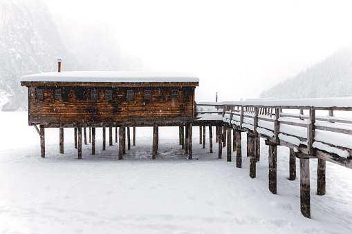 Scenic view of winter and snow in Lago di Braies, Dolomites, Italy