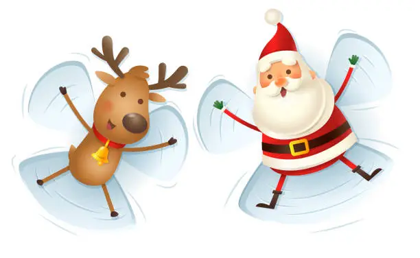 Vector illustration of Santa Claus and Reindeer making Snow Angels - vector illustration isolated od transparent background