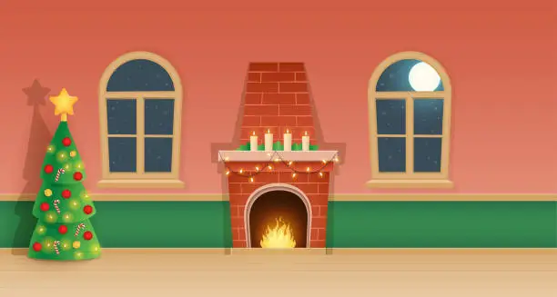 Vector illustration of Christmas interior - home with fireplace, Christmas tree and windows - vector illustration