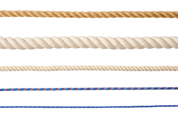 fila de diferente tipo de cuerdas aislado sobre fondo blanco - cuerda fotografías e imágenes de stock