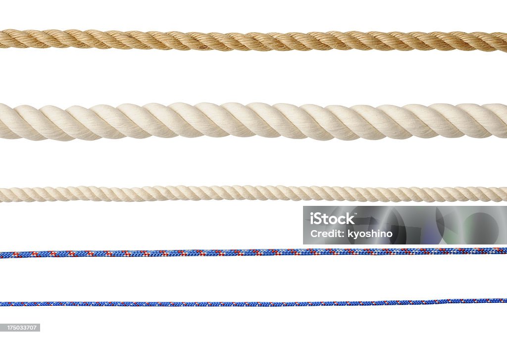 Row of different type of ropes isolated on white background Row of different type of ropes isolated on white background with clipping path. Rope Stock Photo