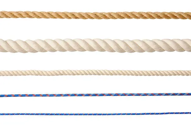 Row of different type of ropes isolated on white background with clipping path.