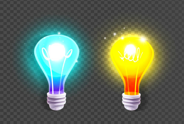 ilustraciones, imágenes clip art, dibujos animados e iconos de stock de concepto de creatividad e ideas en estilo de dibujos animados. bombillas encendidas con brillo amarillo y azul sobre un fondo aislado. elegante grupo vectorial de objetos. - electricity technology shiny turquoise